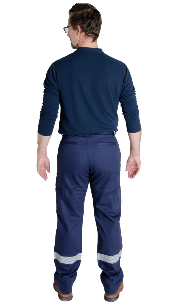 MWG COMFORT WEAVE Men's FR Utility Pants. FR Pants are navy in colour with silver segmented reflective stripe on lower leg for high-visibility. FR Pants have a cargo pocket, tool pocket, hip pockets, and back welt pockets. FR Pants are made with MWG COMFORT WEAVE, an inherently flame-resistant fabric. FR Pants are lightweight and breathable, perfect for working outdoors in the heat.