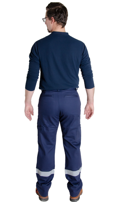 MWG COMFORT WEAVE Men's FR Utility Pants. FR Pants are navy in colour with silver segmented reflective stripe on lower leg for high-visibility. FR Pants have a cargo pocket, tool pocket, hip pockets, and back welt pockets. FR Pants are made with MWG COMFORT WEAVE, an inherently flame-resistant fabric. FR Pants are lightweight and breathable, perfect for working outdoors in the heat.