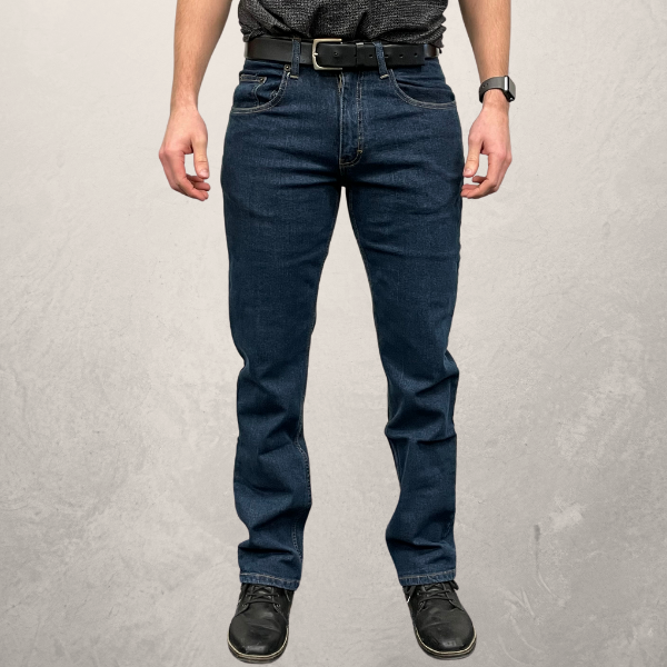 Image of MWG Men's Jeans. MWG Jeans are navy with gold stitching. MWG Men's Premium Stretch Denim Jeans are 12.5 oz in weight. They are made with a straight leg.