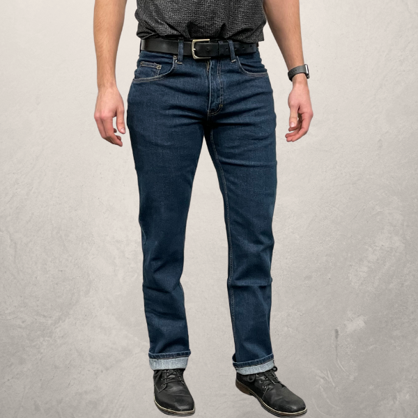 Image of MWG Men's Stretch Denim Straight Leg Jeans. MWG Men's Jean is navy with gold stitching. Straight leg stretch denim jeans are a part of MWG's Western Shirt line.