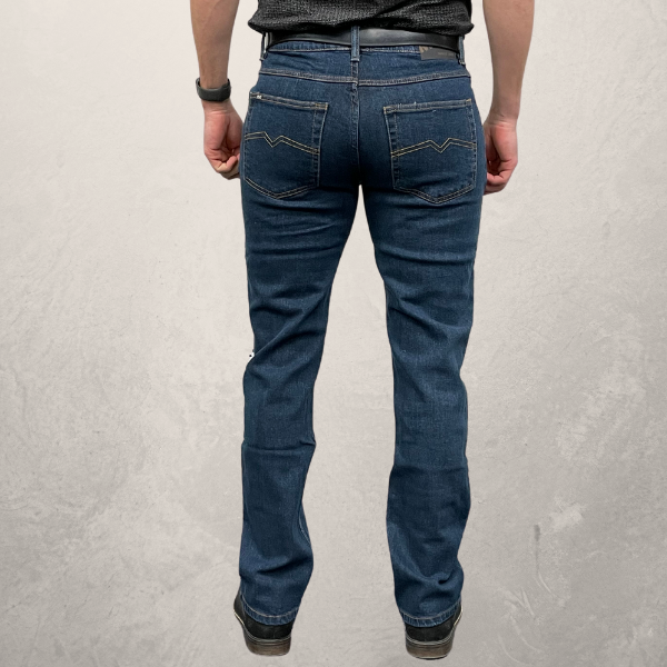 Back view of MWG Men's Premium Straight Leg Stretch Denim Jeans. MWG Jeans are navy with gold stitching. MWG Men's Western Style Jeans have two large back pockets.