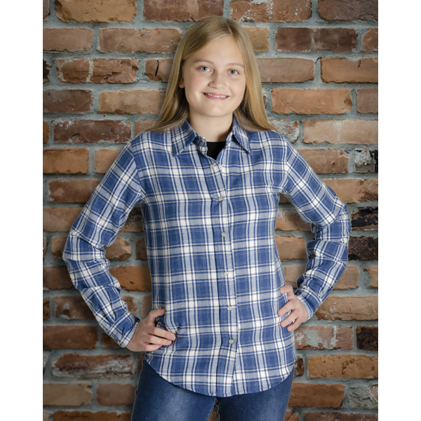 Image of Women's MWG Flannel Shirt. Women's Flannel is blue and white in a plaid pattern. Flannel shirt has a dress shirt collar and pearl snap buttons.