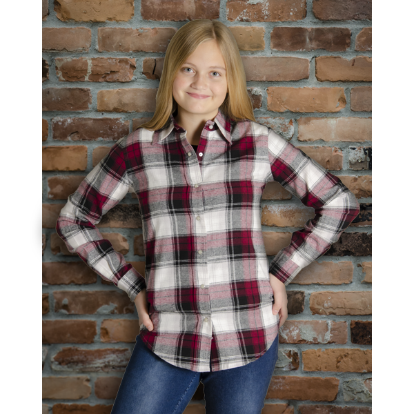 Image of MWG Women's Flannel Shirt. Flannel shirt is red, black, and white in a plaid pattern. Flannel shirt has a dress shirt style collar and pearl snap buttons. 