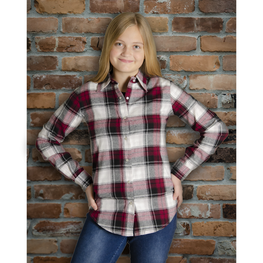 Image of MWG Women's Flannel Shirt. Flannel shirt is red, black, and white in a plaid pattern. Flannel shirt has a dress shirt style collar and pearl snap buttons. 