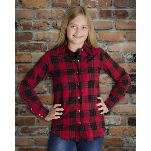 Image of MWG Women's Flannel Shirt. Women's Flannel is red and black in a plaid pattern. Flannel has a dress shirt collar and pearl snap buttons. 