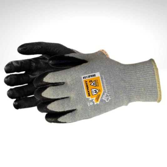 Image of DEXTERITY Superior Gloves. Grey and black 13-gauge FR/ARC flash gloves with neoprene palm. Made with flame-resistant (FR) fibres for arc-flash protection.