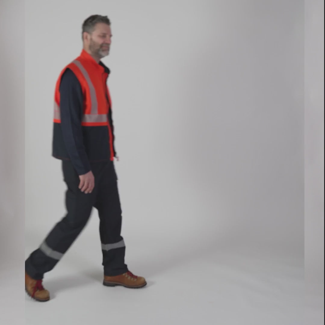 MWG STORMSHIELD Men's FR Vest. FR Vest is orange and navy with silver reflective striping. FR Vest is CAT 2 FR.