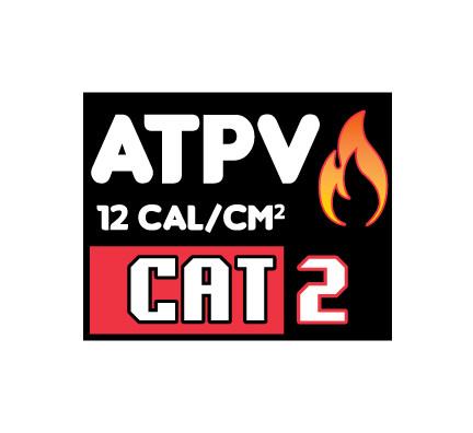 Symbol displaying an ATPV of 12cal/cm2 and CAT 2 rating identifying flame-resistant properties of MWG FR Rain Resistant Overalls.