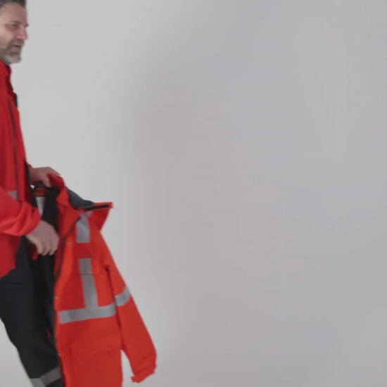 MWG STORMSHIELD Men's FR Parka Jacket. Men's FR Jacket is bright orange with silver reflective striping on torso and sleeves for high-visibility. Men's FR Jacket is made with MWG STORMSHIELD, an inherently flame-resistant waterproof fabric. Men's FR Jacket has a CAT 2 FR rating.