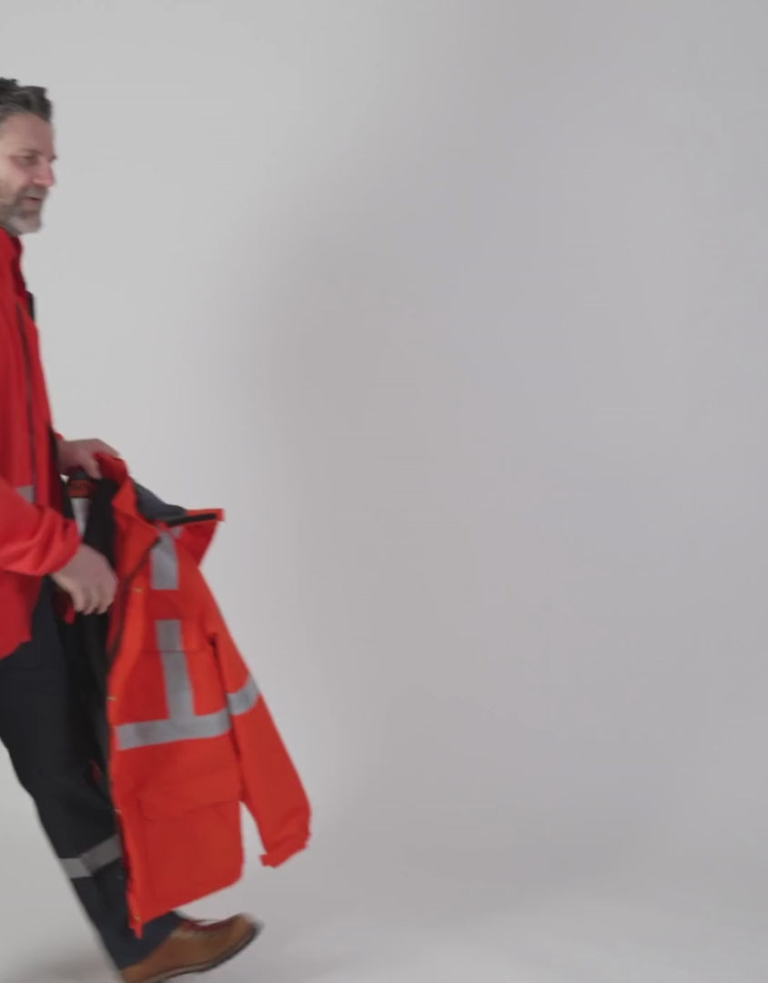 MWG STORMSHIELD Men's FR Parka Jacket. Men's FR Jacket is bright orange with silver reflective striping on torso and sleeves for high-visibility. Men's FR Jacket is made with MWG STORMSHIELD, an inherently flame-resistant waterproof fabric. Men's FR Jacket has a CAT 2 FR rating.